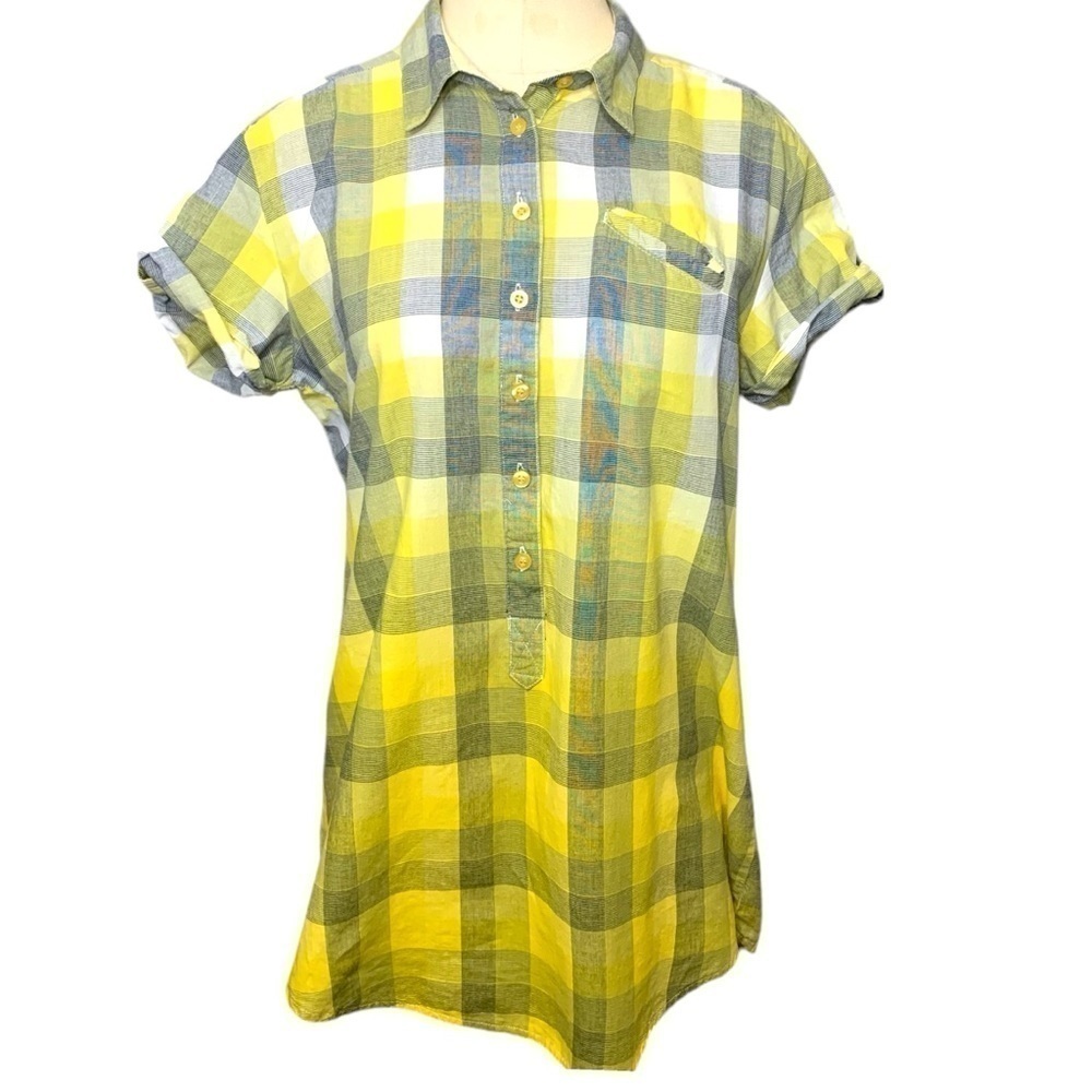 Burton Plaid Short Sz M/L Yellow Gray Short Sleeve 1/2 Button Hiking Gorp